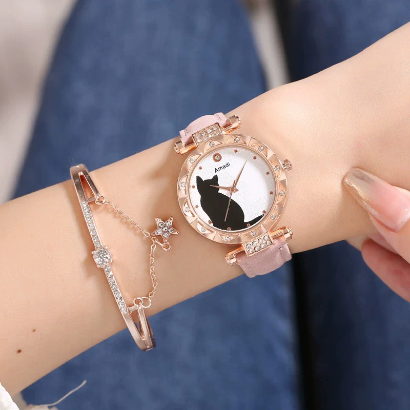 Ladies Fashion Quartz Watch Bracelet Set With Cute Kitten Design Alloy Case Imitation Leather Strap Round Dial - Image 13