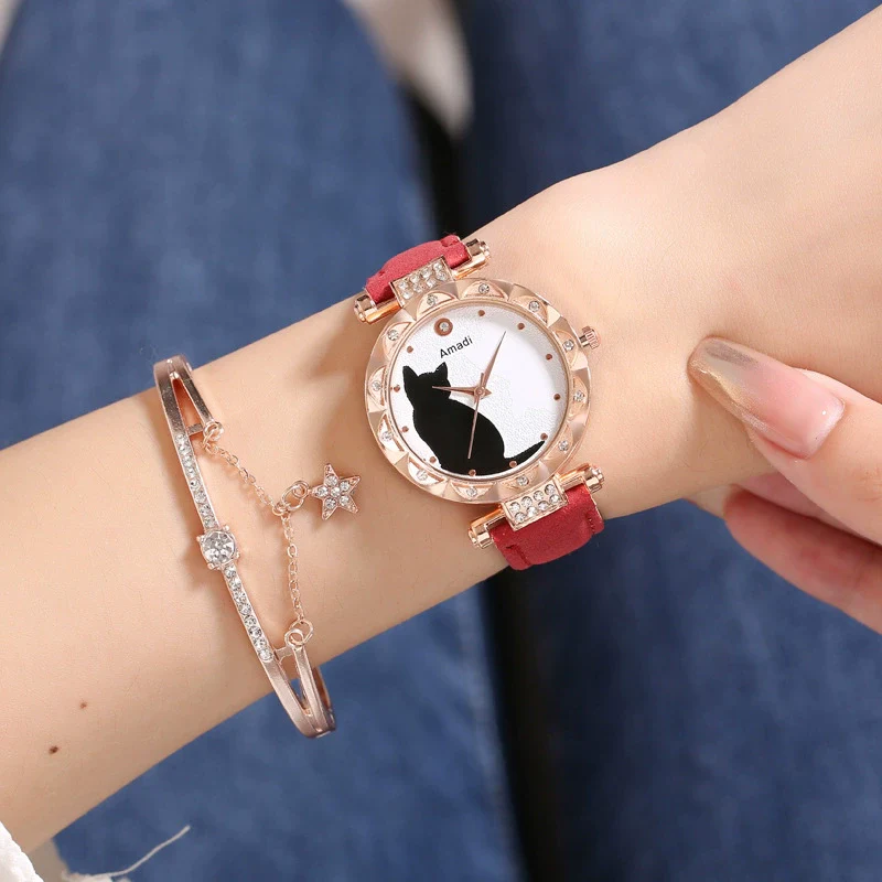 Ladies Fashion Quartz Watch Bracelet Set With Cute Kitten Design Alloy Case Imitation Leather Strap Round Dial - Image 14