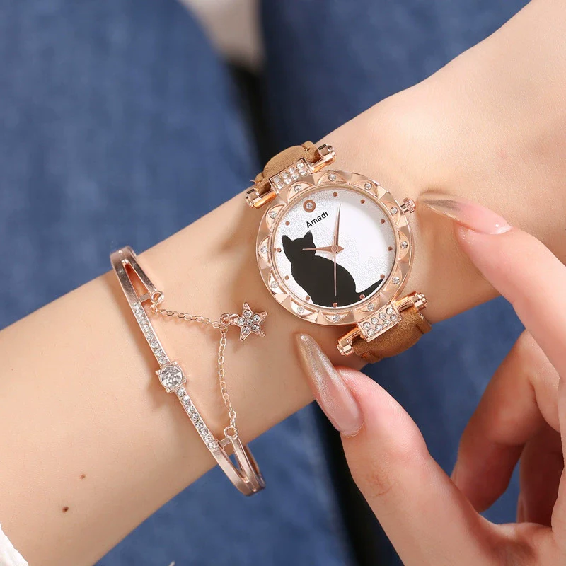 Ladies Fashion Quartz Watch Bracelet Set With Cute Kitten Design Alloy Case Imitation Leather Strap Round Dial - Image 16