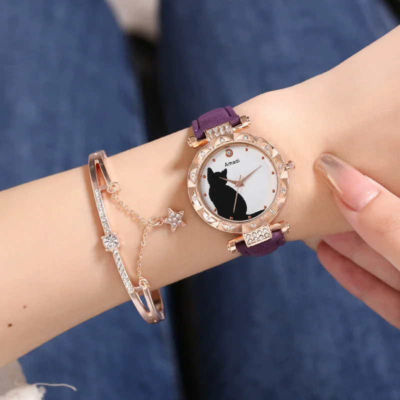 Ladies Fashion Quartz Watch Bracelet Set With Cute Kitten Design Alloy Case Imitation Leather Strap Round Dial - Image 17