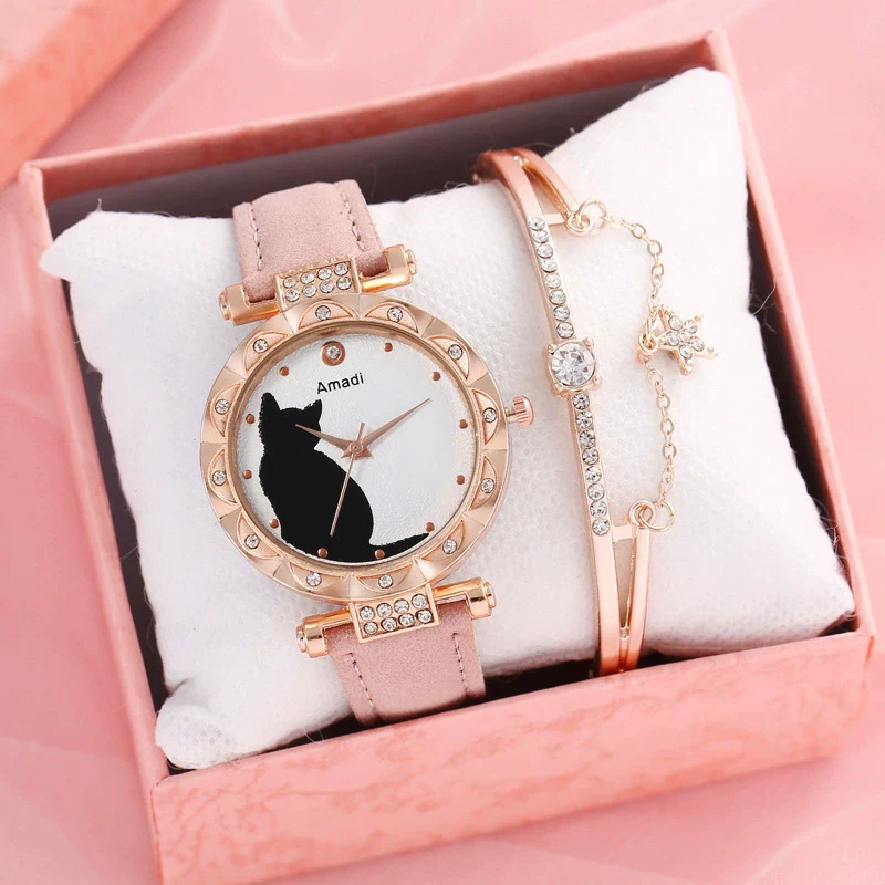 Ladies Fashion Quartz Watch Bracelet Set With Cute Kitten Design Alloy Case Imitation Leather Strap Round Dial - Image 18