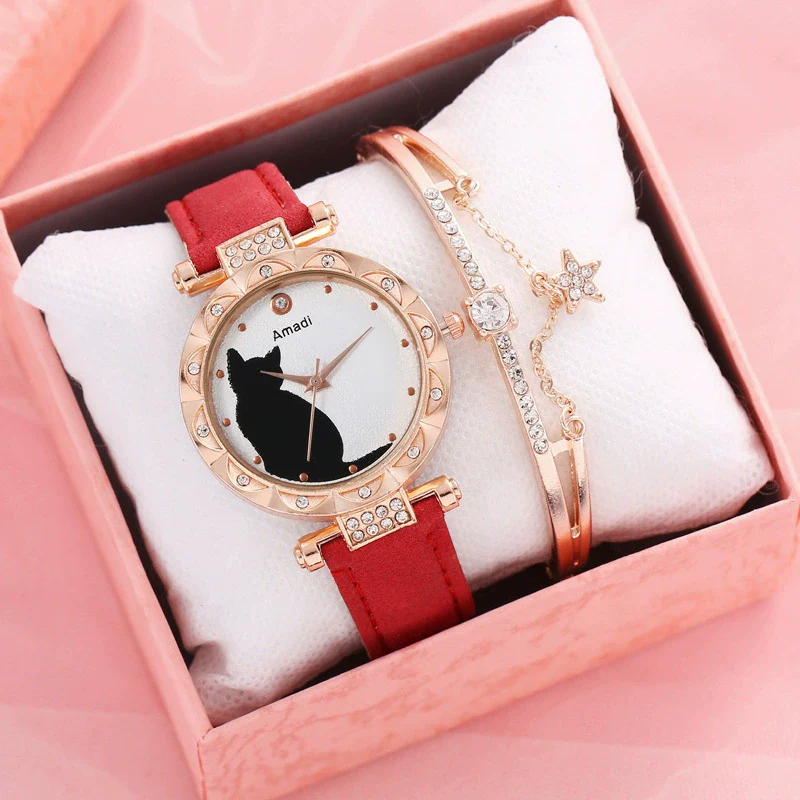 Ladies Fashion Quartz Watch Bracelet Set With Cute Kitten Design Alloy Case Imitation Leather Strap Round Dial - Image 19
