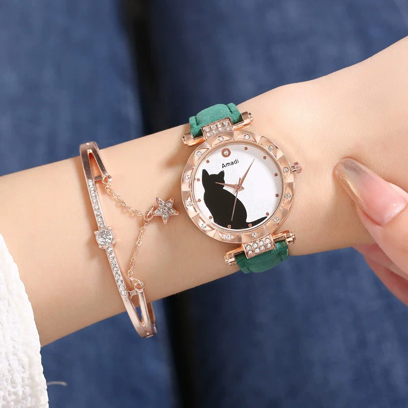 Ladies Fashion Quartz Watch Bracelet Set With Cute Kitten Design Alloy Case Imitation Leather Strap Round Dial - Image 2