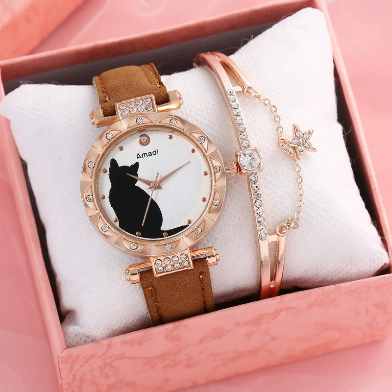 Ladies Fashion Quartz Watch Bracelet Set With Cute Kitten Design Alloy Case Imitation Leather Strap Round Dial - Image 21