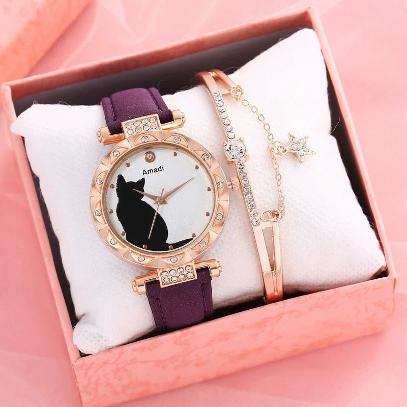 Ladies Fashion Quartz Watch Bracelet Set With Cute Kitten Design Alloy Case Imitation Leather Strap Round Dial - Image 22