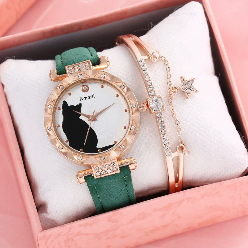 Ladies Fashion Quartz Watch Bracelet Set With Cute Kitten Design Alloy Case Imitation Leather Strap Round Dial - Image 23