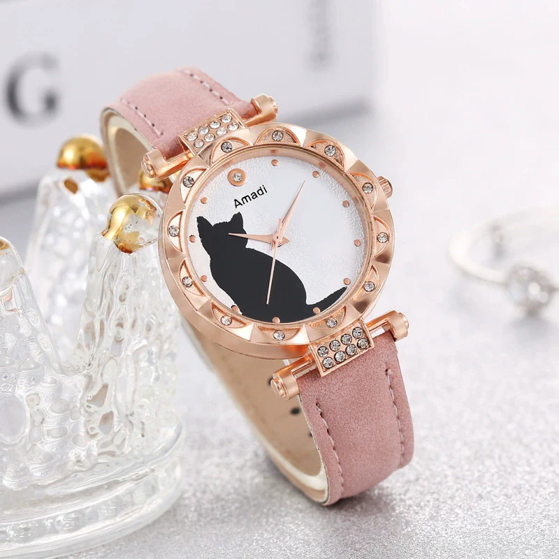 Ladies Fashion Quartz Watch Bracelet Set With Cute Kitten Design Alloy Case Imitation Leather Strap Round Dial - Image 3