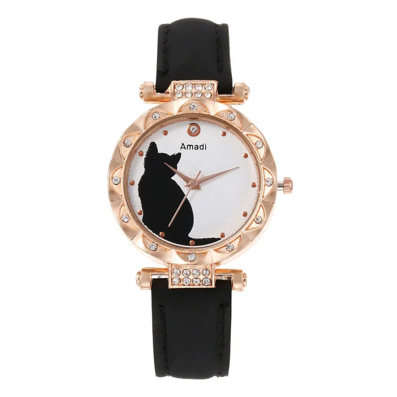 Ladies Fashion Quartz Watch Bracelet Set With Cute Kitten Design Alloy Case Imitation Leather Strap Round Dial - Image 6