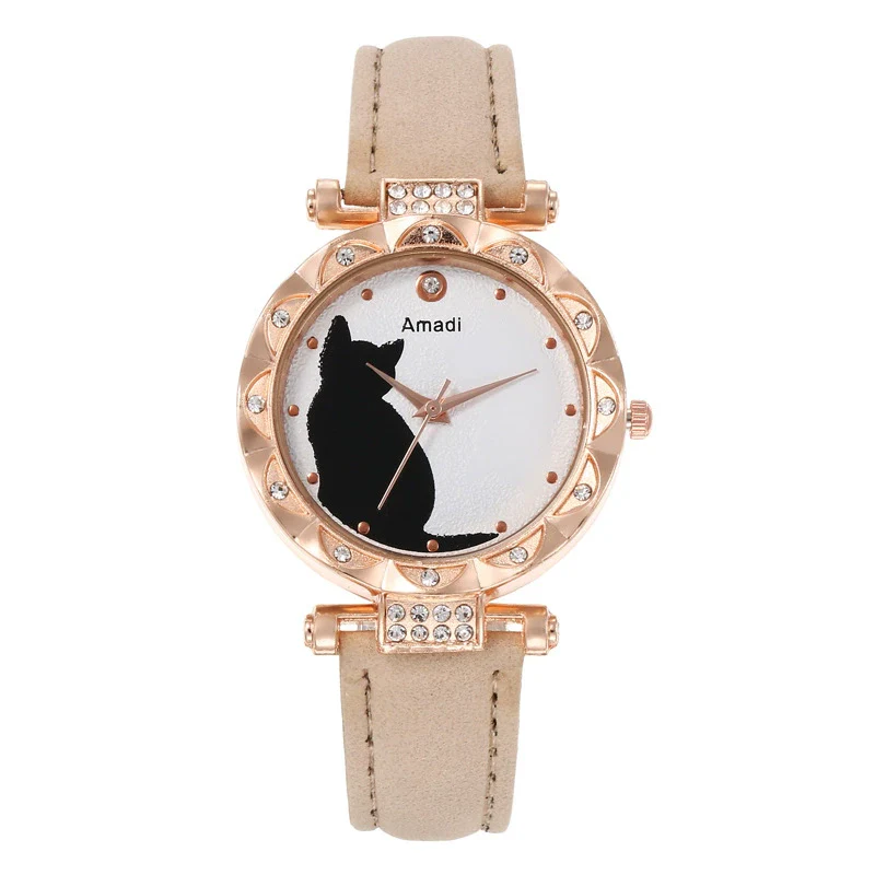 Ladies Fashion Quartz Watch Bracelet Set With Cute Kitten Design Alloy Case Imitation Leather Strap Round Dial - Image 9