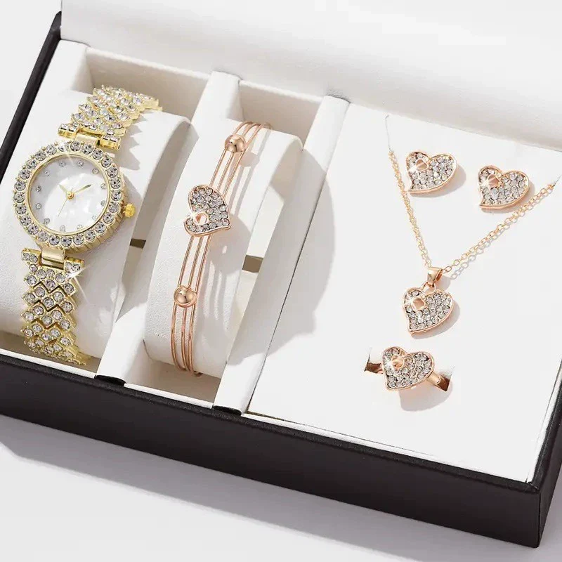 Ladies Fashionable Diamond Watch Jewelry Set With Heart Shaped Jewelry Alloy And Stainless Steel Materials
