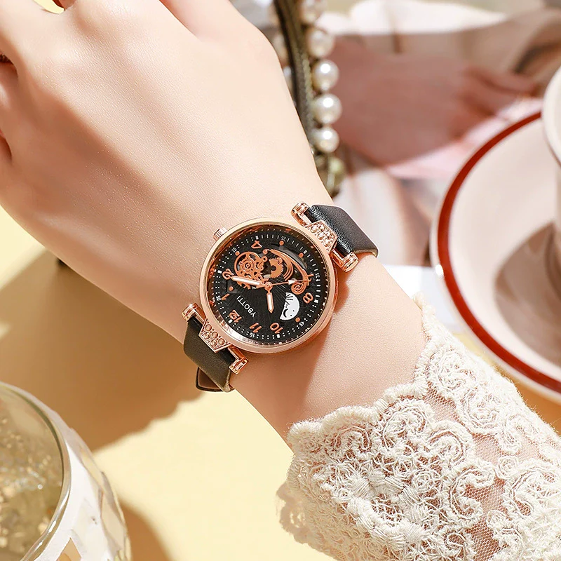 Ladies Hollow Quartz Watch Fashionable Alloy Imitation Leather Ordinary Glass Mirror Spiral Crown Pin Buckle Round Dial - Image 2