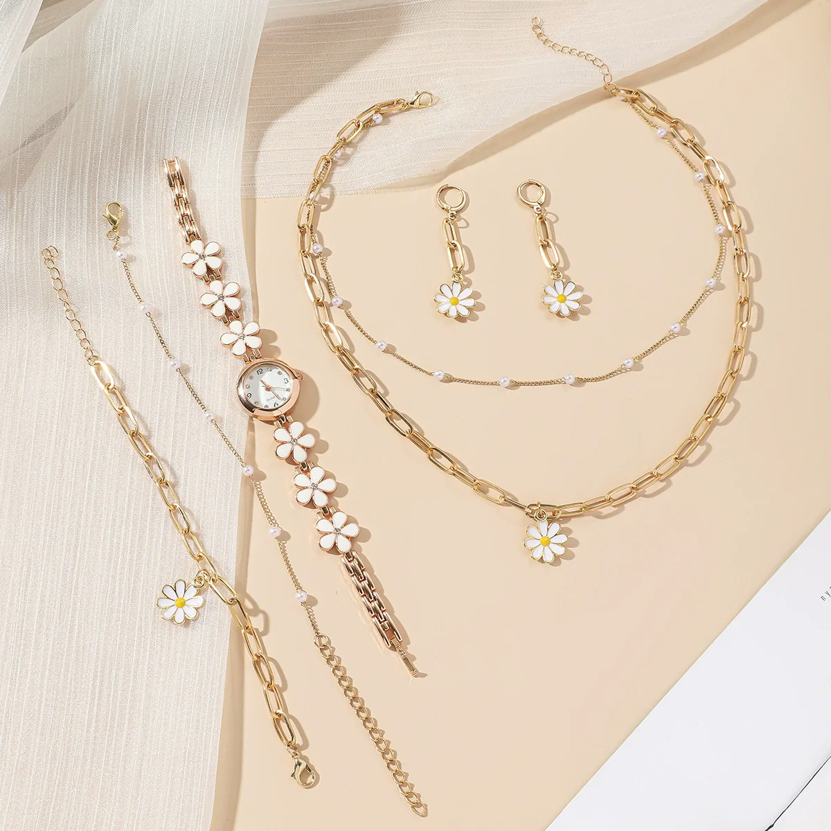 Ladies Leisure 5 Piece Set With Alloy Chain And Strap Round Dial English Watch And Flower Pendant - Image 2