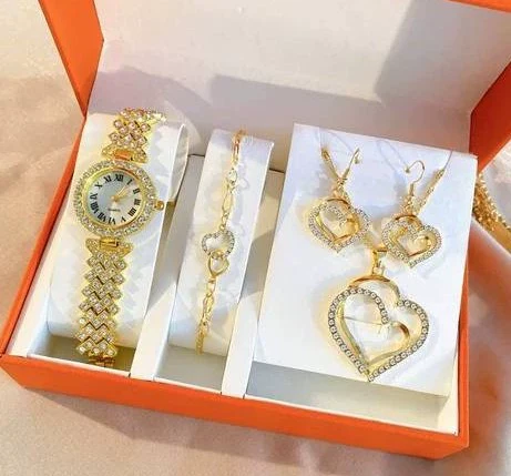 Ladies Leisure 5 Piece Set With Alloy Chain And Strap Round Dial English Watch And Flower Pendant - Image 6
