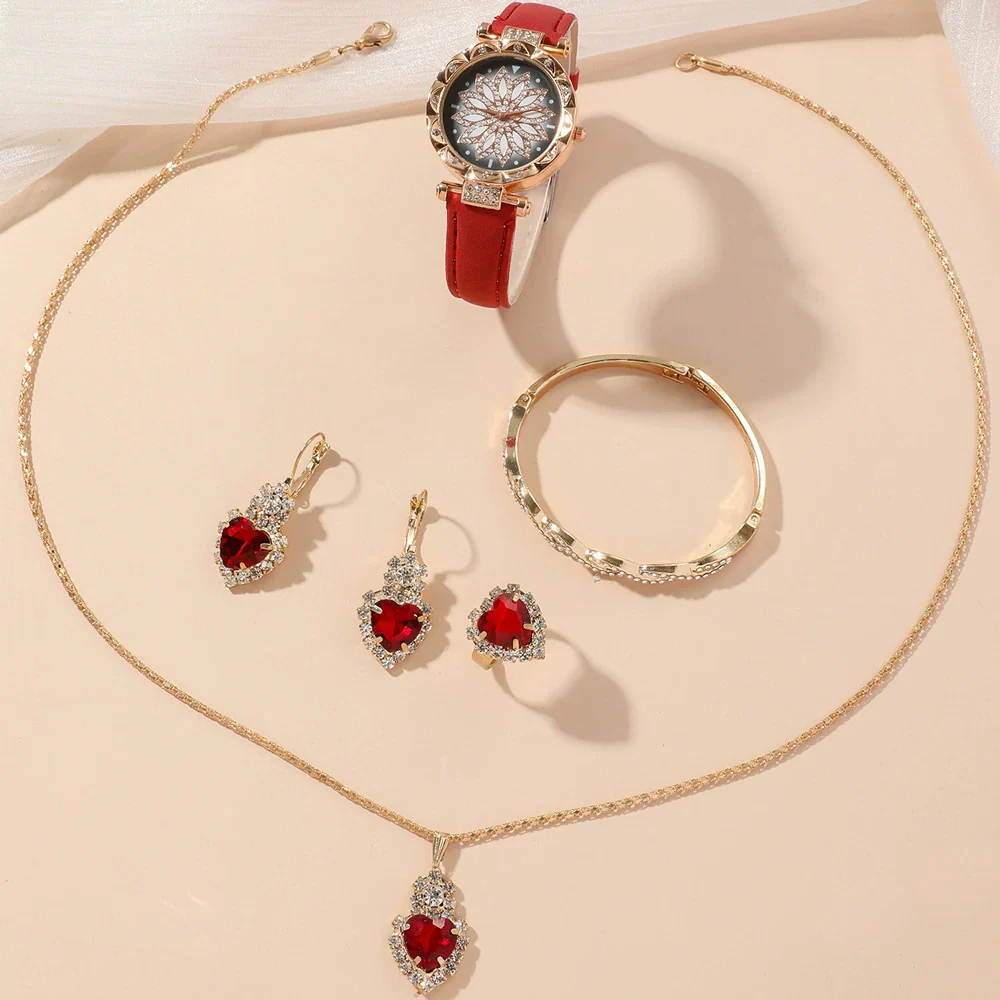 Ladies Leisure Alloy Quartz Watch And Pu Strap Jewelry Set With Round Dial Including Bracelet Ring Earrings And Necklace - Image 4