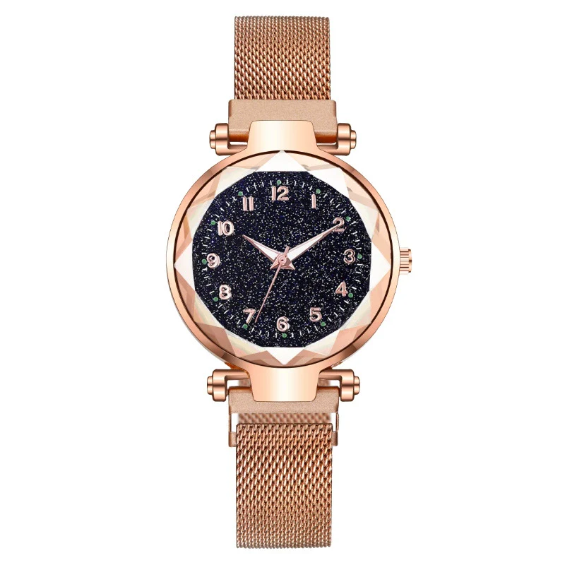 Ladies Metal Strap Fashionable Magnet Digital Starry Sky Round Dial Watch