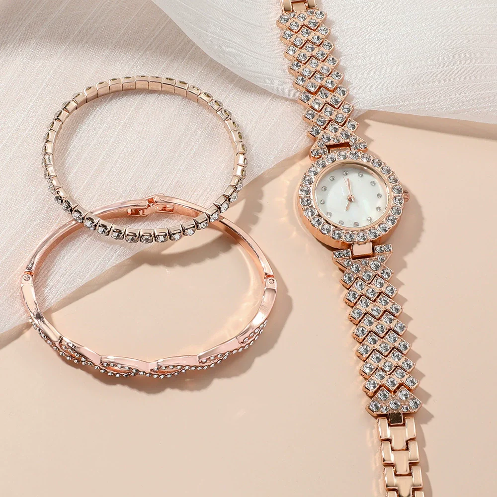 Ladies Quartz Watch And Bracelet Set Alloy Stainless Steel Round Dial Leisure Style Full Diamond