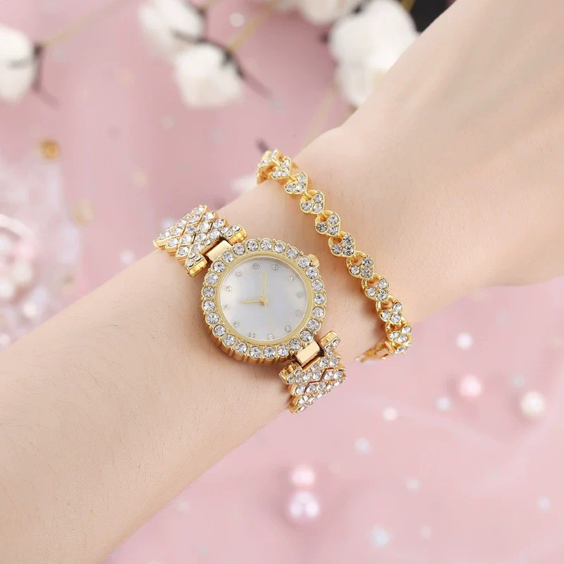 Ladies Quartz Watch And Bracelet Set Alloy Stainless Steel Round Dial Leisure Style Full Diamond - Image 10