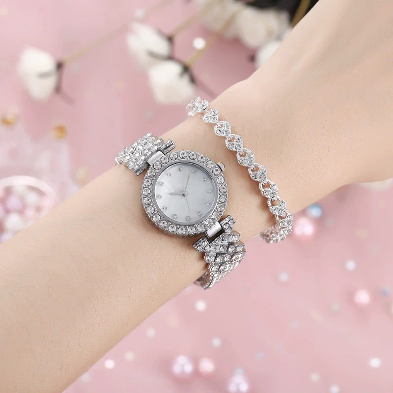 Ladies Quartz Watch And Bracelet Set Alloy Stainless Steel Round Dial Leisure Style Full Diamond - Image 11