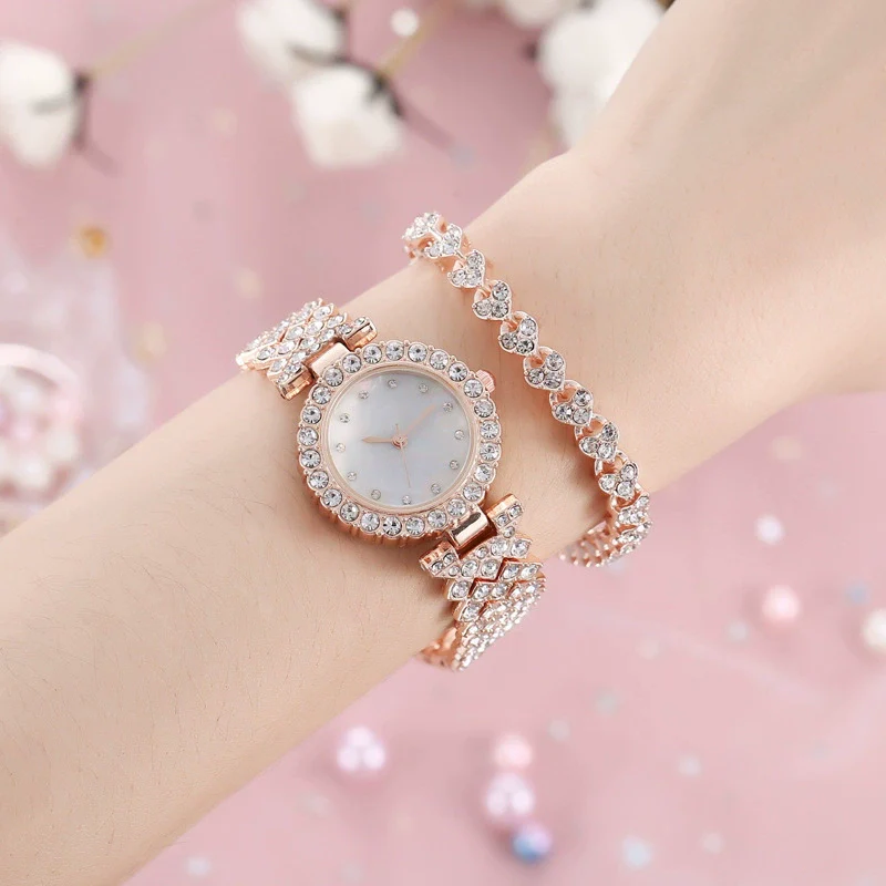 Ladies Quartz Watch And Bracelet Set Alloy Stainless Steel Round Dial Leisure Style Full Diamond - Image 9