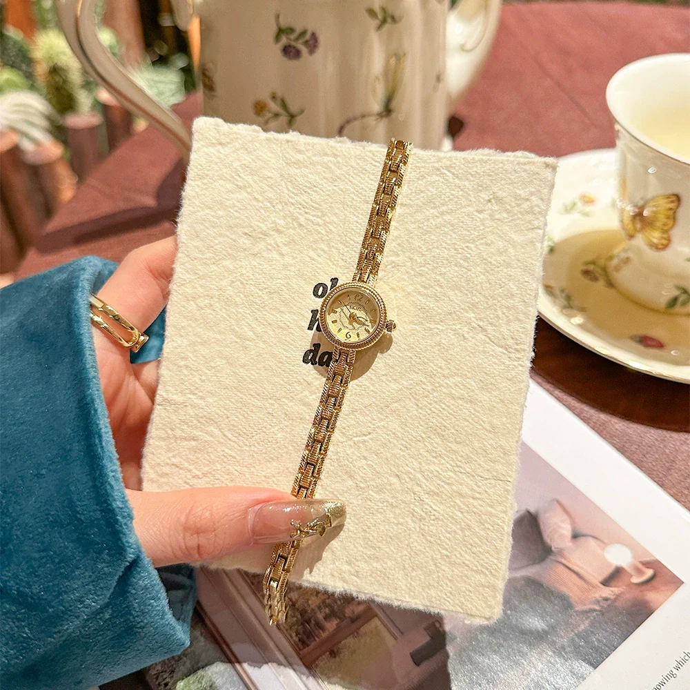 Ladies Retro Small Gold Alloy Wrist Watch With Round Dial And Medieval Style