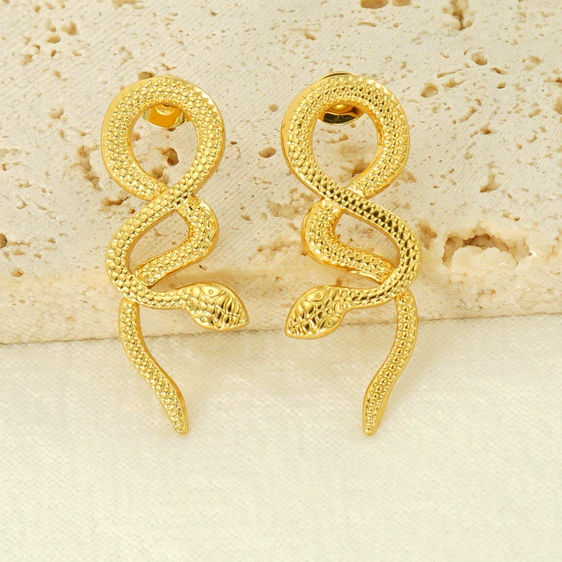 Ladies 316L Stainless Steel 18K Gold Plated Snake Earrings Animal Style - Image 2