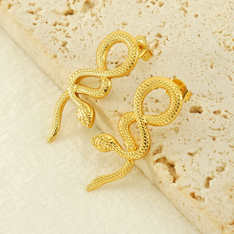 Ladies 316L Stainless Steel 18K Gold Plated Snake Earrings Animal Style - Image 4