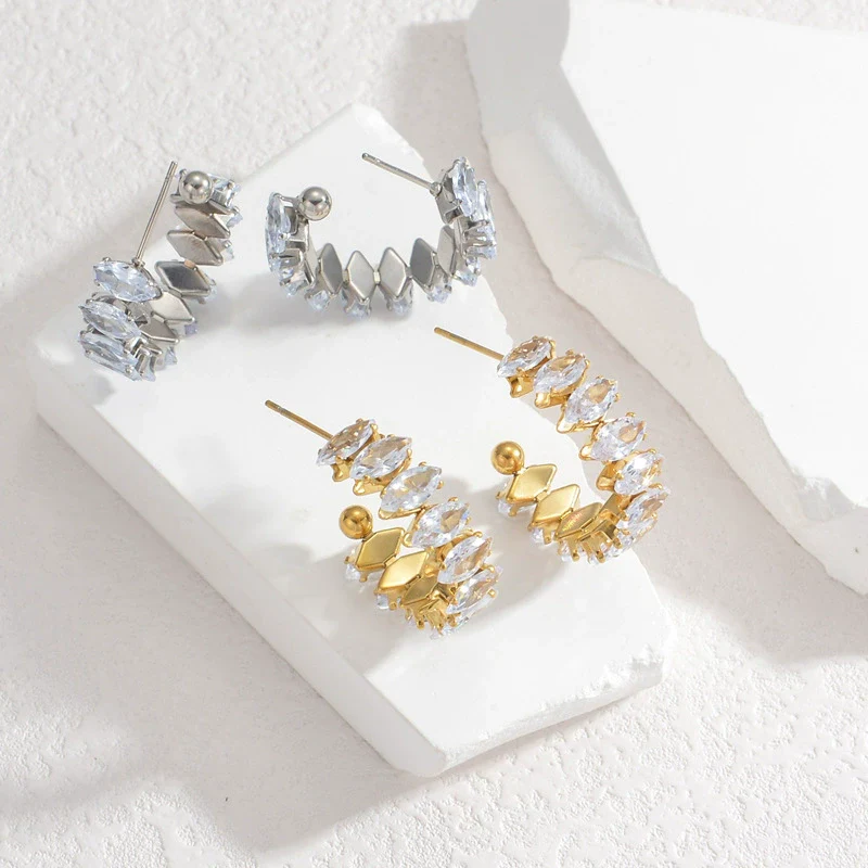 Ladies Stainless Steel Geometric Diamond Cshaped Earrings - Image 2