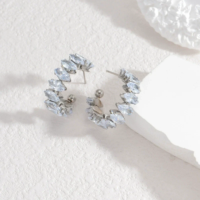 Ladies Stainless Steel Geometric Diamond Cshaped Earrings - Image 6