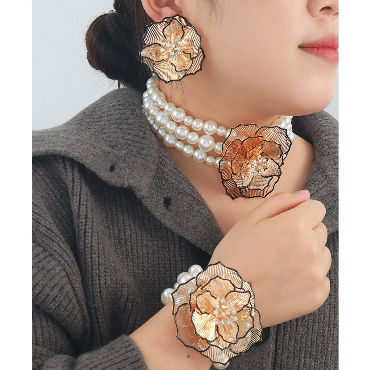 Ladies Vintage Jewelry Alloy Imitation Pearls Flower Ball Chain Electroplated Necklace Bracelet Earrings - Image 2
