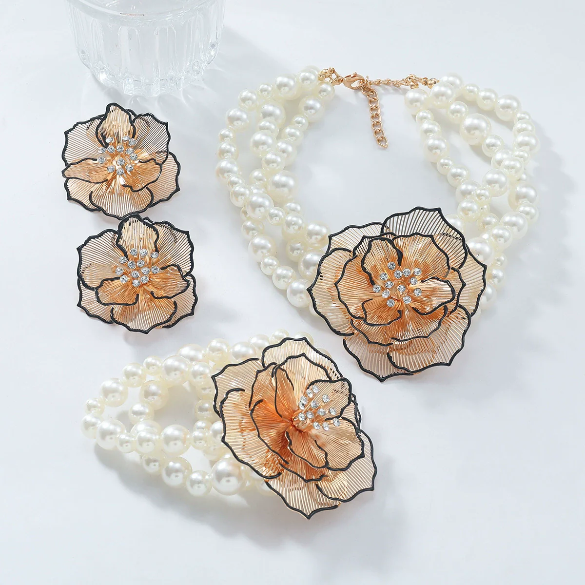 Ladies Vintage Jewelry Alloy Imitation Pearls Flower Ball Chain Electroplated Necklace Bracelet Earrings - Image 4