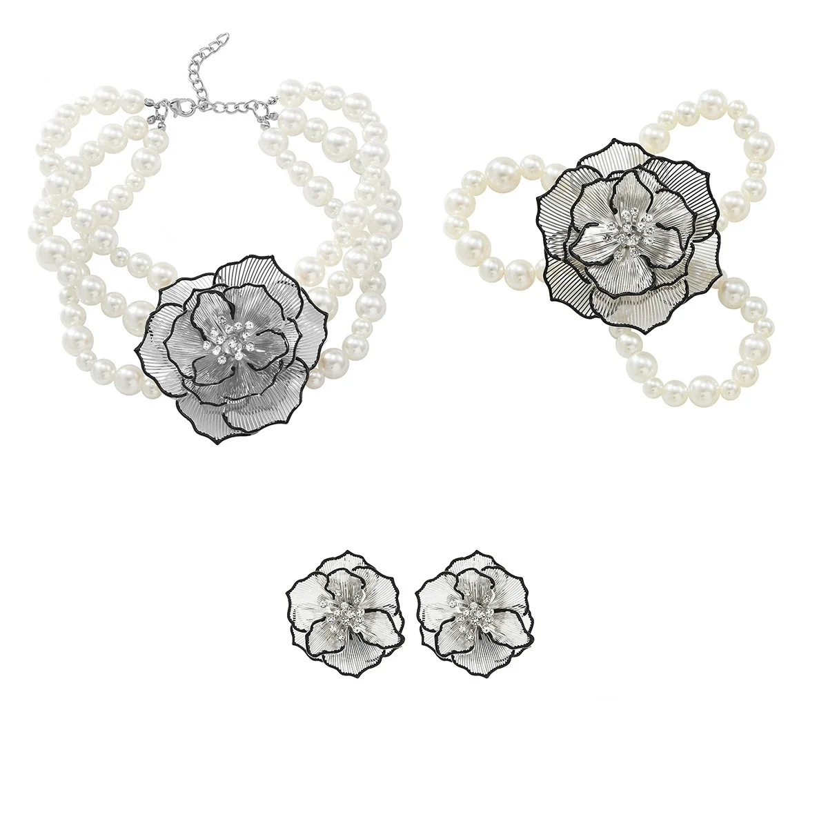 Ladies Vintage Jewelry Alloy Imitation Pearls Flower Ball Chain Electroplated Necklace Bracelet Earrings - Image 5