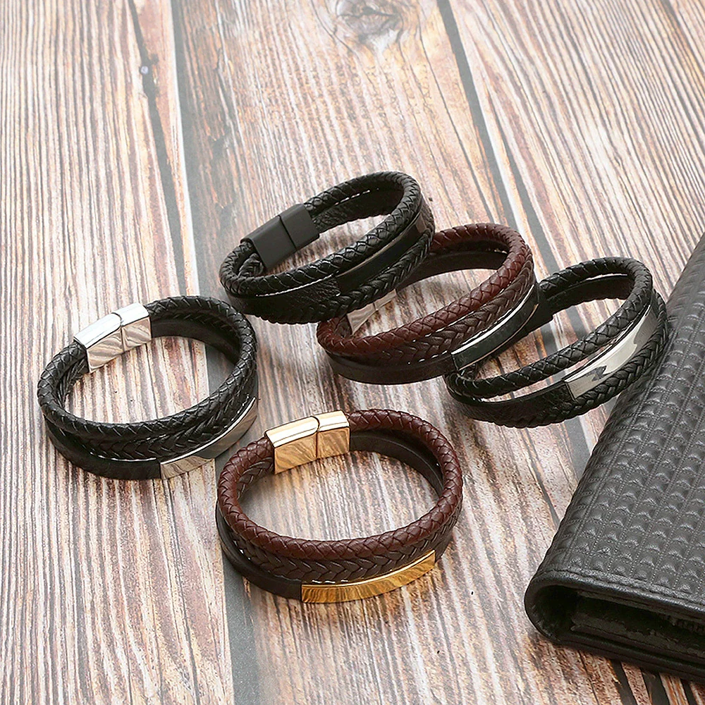 Leather And Stainless Steel Handwoven Magnetic Bracelets For Men Geometric Electroplated Jewelry - Image 2