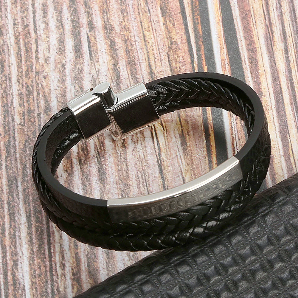 Leather And Stainless Steel Handwoven Magnetic Bracelets For Men Geometric Electroplated Jewelry - Image 3