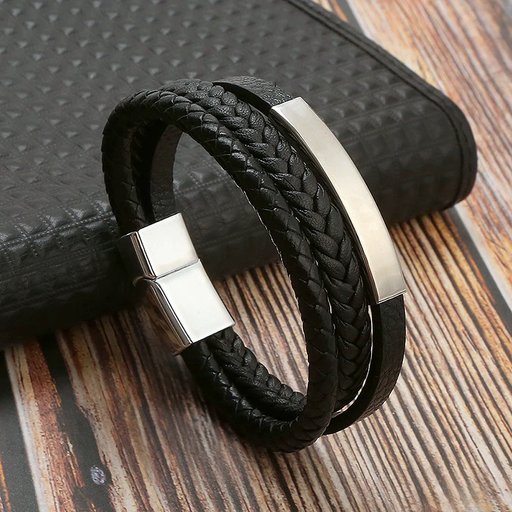Leather And Stainless Steel Handwoven Magnetic Bracelets For Men Geometric Electroplated Jewelry - Image 4