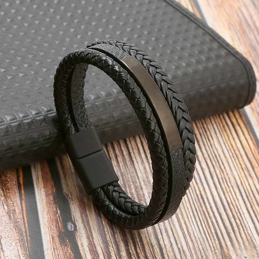 Leather And Stainless Steel Handwoven Magnetic Bracelets For Men Geometric Electroplated Jewelry - Image 5