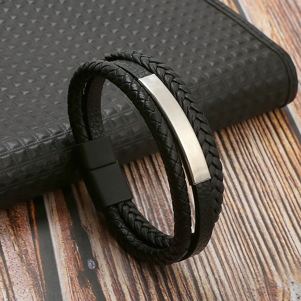 Leather And Stainless Steel Handwoven Magnetic Bracelets For Men Geometric Electroplated Jewelry - Image 6
