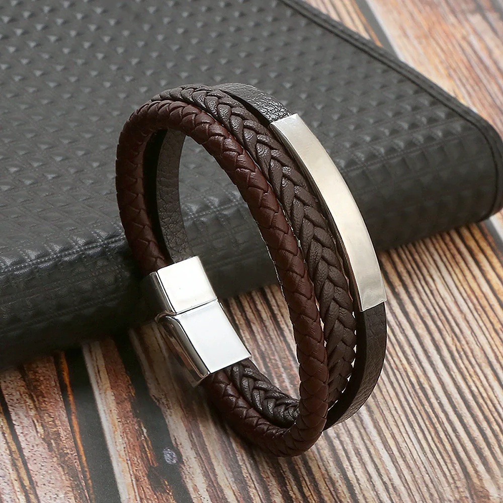 Leather And Stainless Steel Handwoven Magnetic Bracelets For Men Geometric Electroplated Jewelry - Image 7