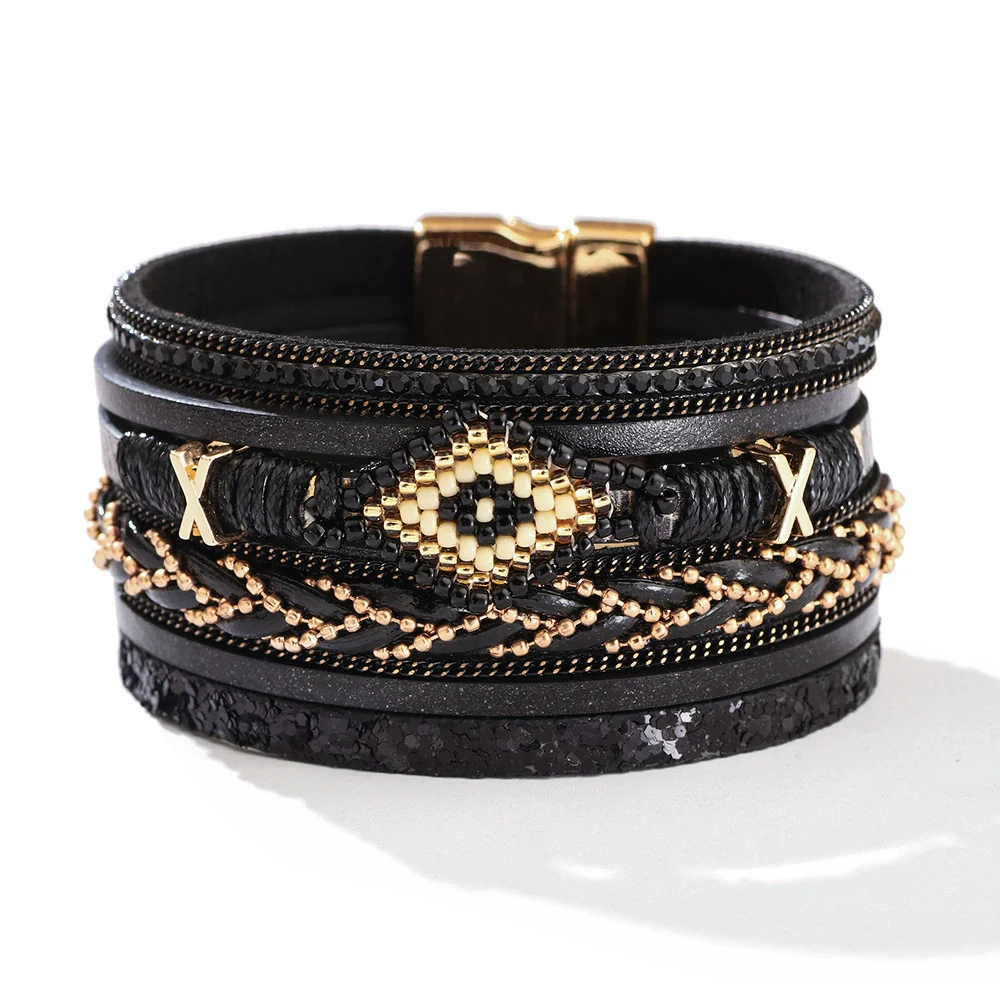 Leather Bohemian Geometric Microinlay Fashion Women's Handwoven Bracelet - Image 2