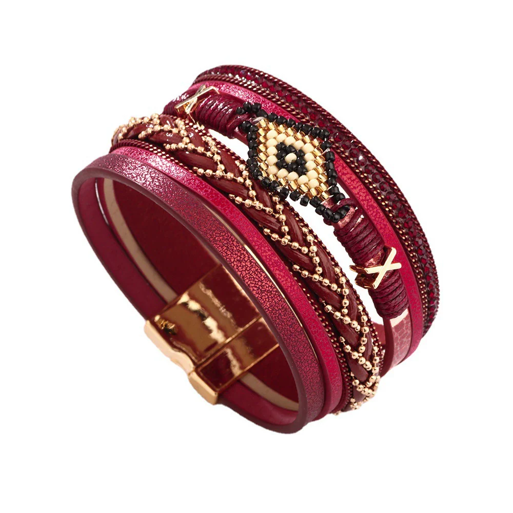Leather Bohemian Geometric Microinlay Fashion Women's Handwoven Bracelet - Image 3