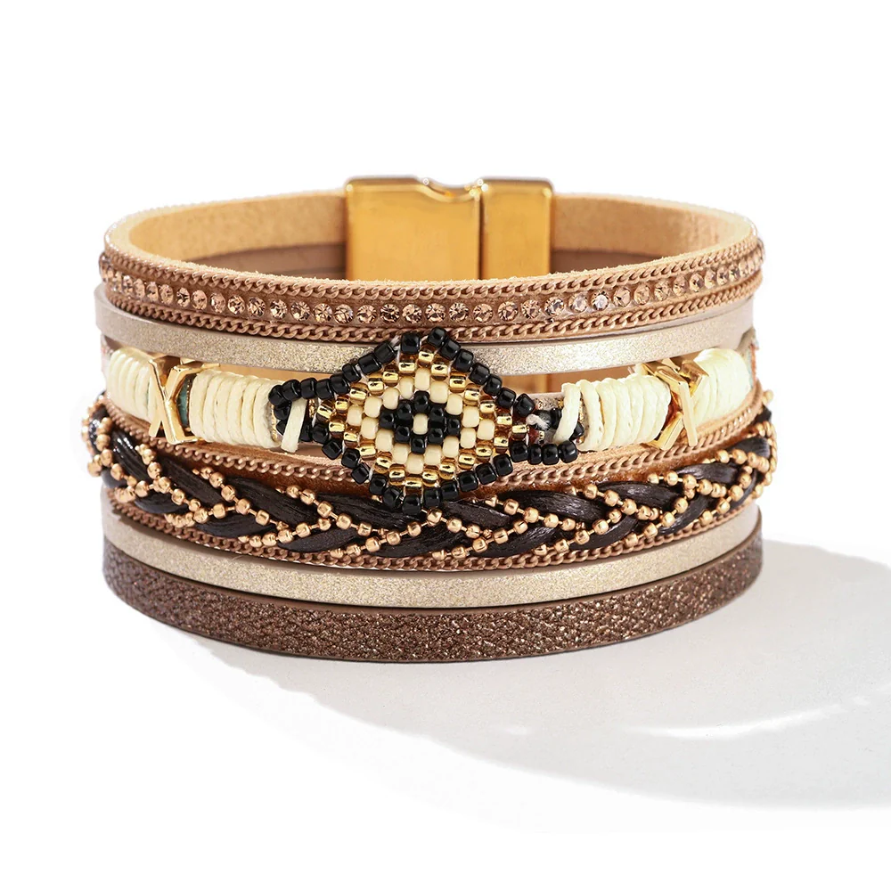 Leather Bohemian Geometric Microinlay Fashion Women's Handwoven Bracelet - Image 8
