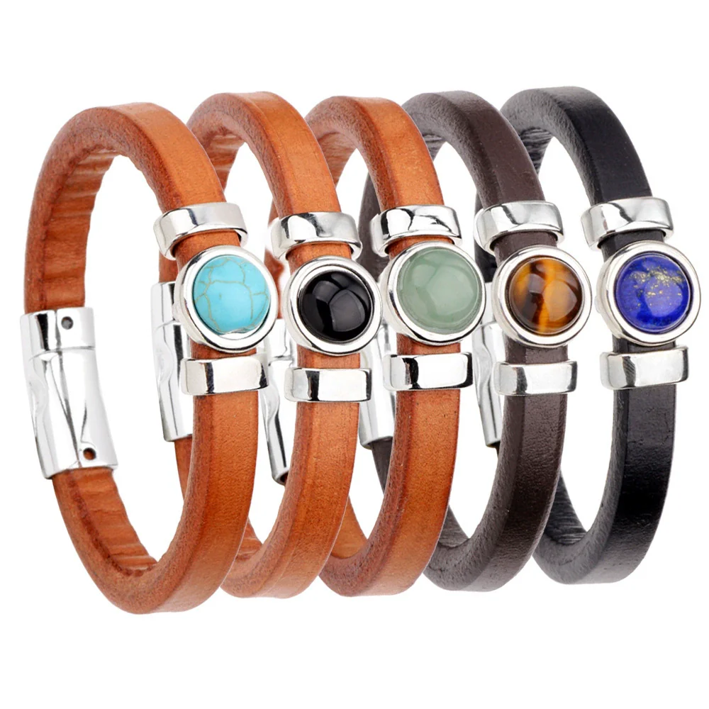 Leather Bracelet Geometric Cartoon Style Electroplating Cowhide Turquoise Black Onyx Tiger Eye Metal Magnetic Buckle