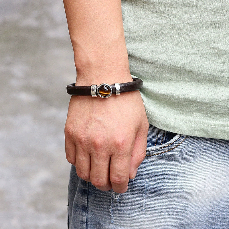 Leather Bracelet Geometric Cartoon Style Electroplating Cowhide Turquoise Black Onyx Tiger Eye Metal Magnetic Buckle - Image 3