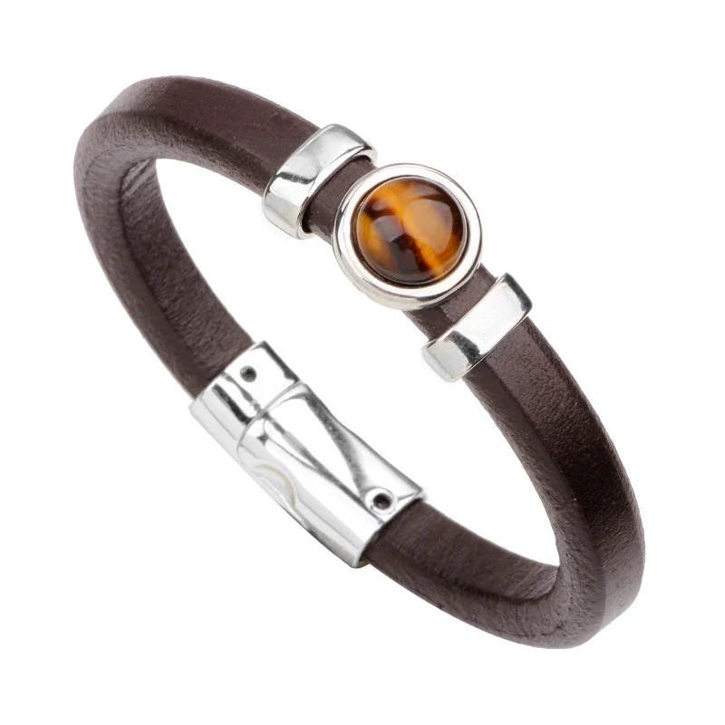 Leather Bracelet Geometric Cartoon Style Electroplating Cowhide Turquoise Black Onyx Tiger Eye Metal Magnetic Buckle - Image 6