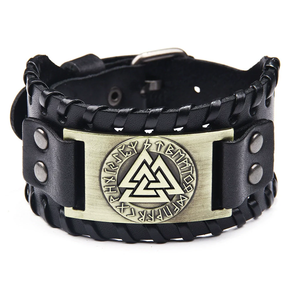 Leather Bracelet Retro Nordic Viking Totem Triangle Letter Weaving Fashion Style - Image 3