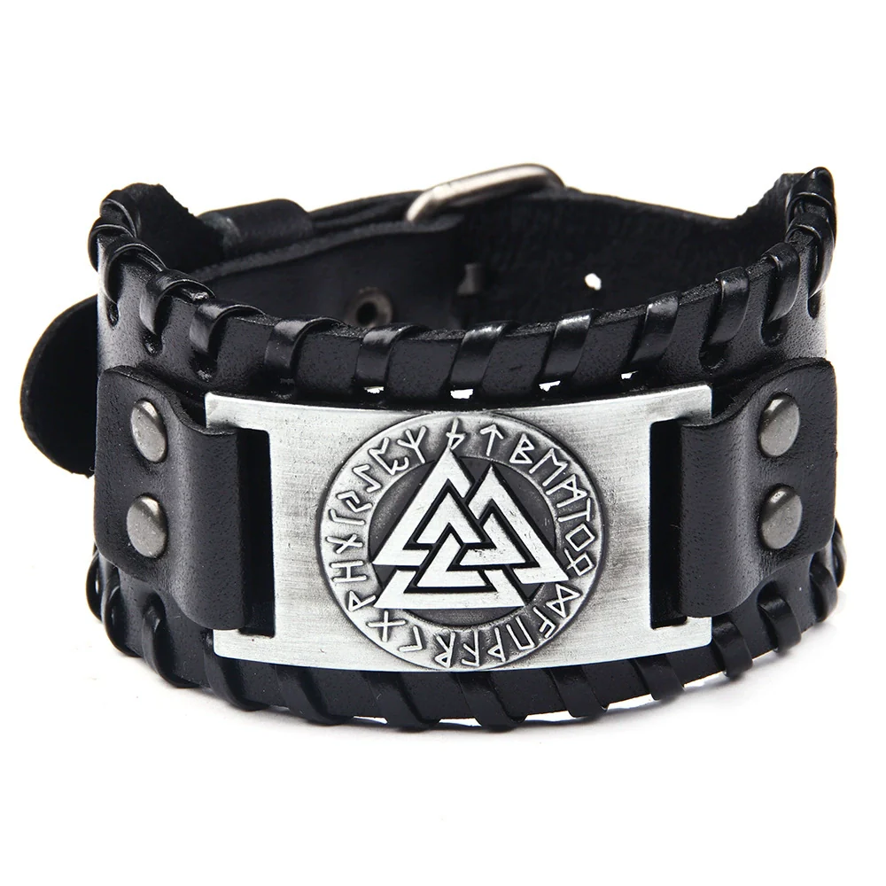 Leather Bracelet Retro Nordic Viking Totem Triangle Letter Weaving Fashion Style - Image 7