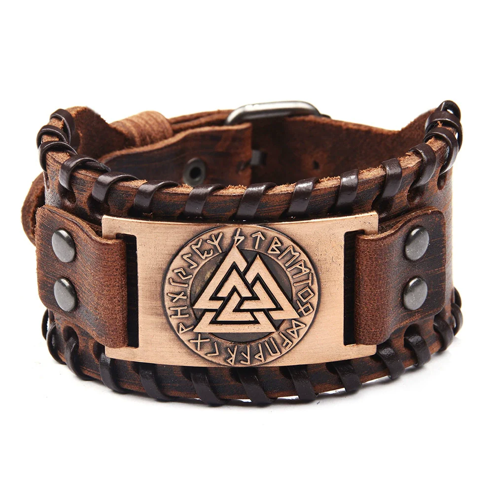 Leather Bracelet Retro Nordic Viking Totem Triangle Letter Weaving Fashion Style - Image 8