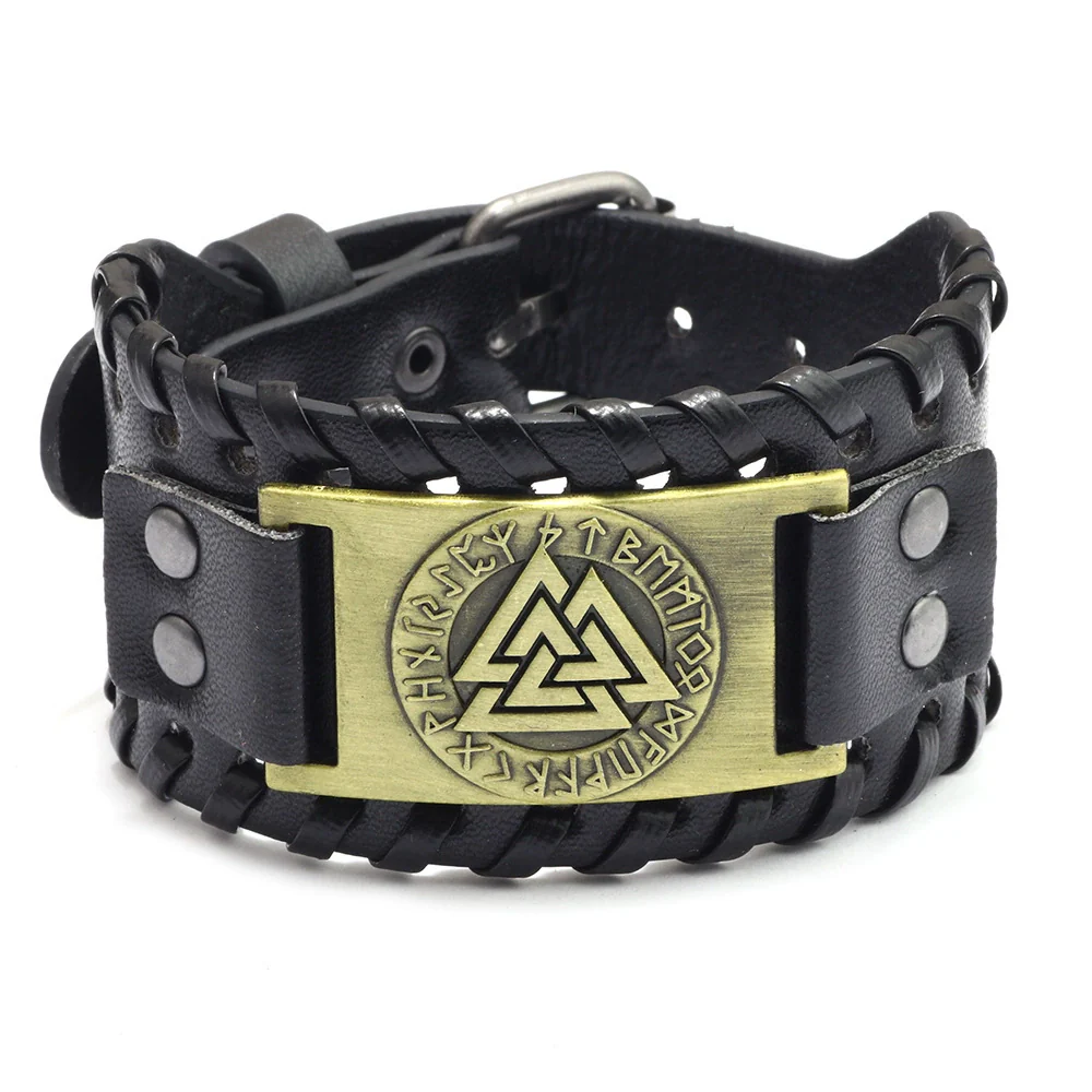 Leather Bracelet Retro Nordic Viking Totem Triangle Letter Weaving Fashion Style - Image 9