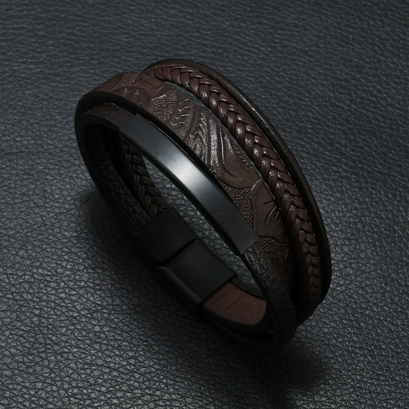 Leather Bracelet Retro Style Striped Printed Handmade Punk Magnet Buckle - Image 3