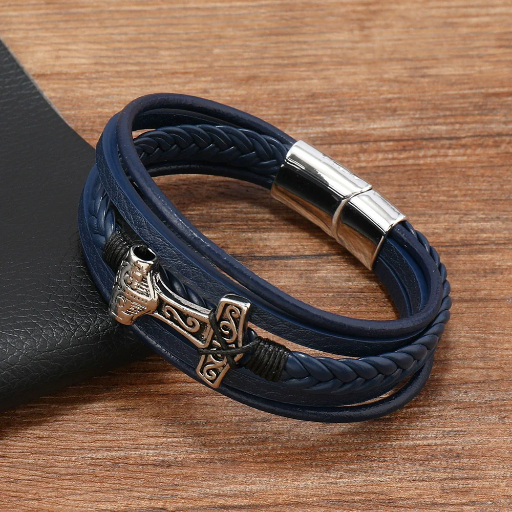 Leather Bracelet Stainless Steel Genuine Leather Woven Handmade Punk Geometric Men's Jewelry - Image 2