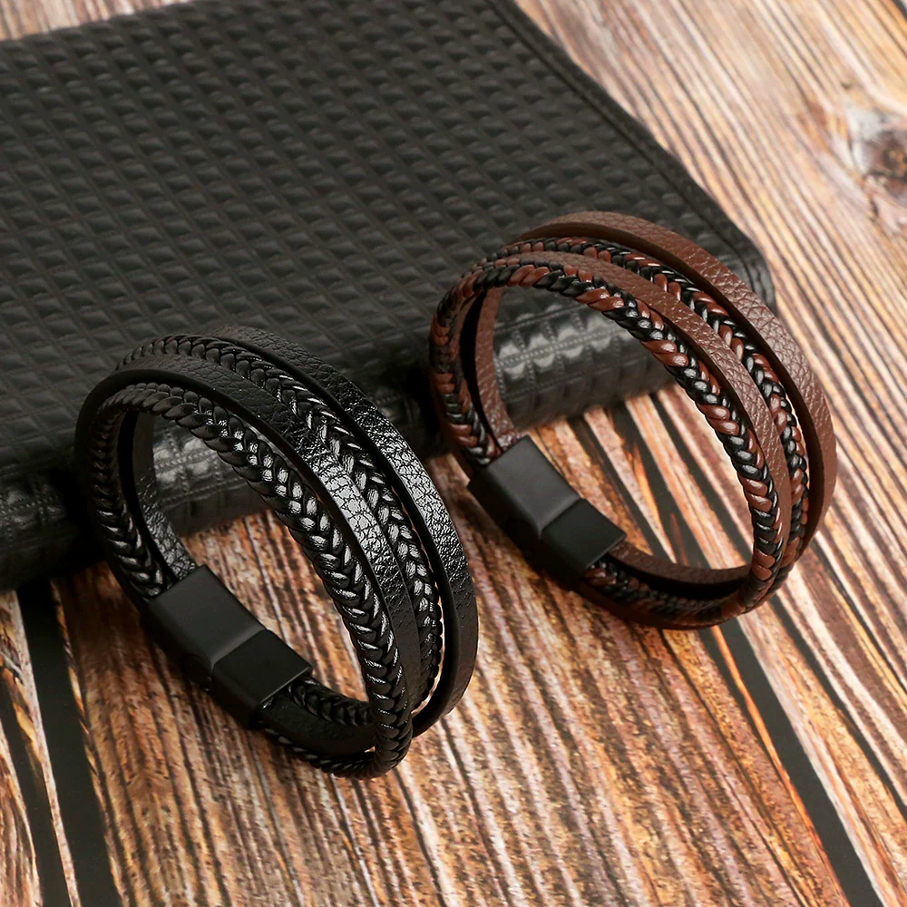 Leather Handwoven Geometric Style Bracelet With Magnet Buckle Stainless Steel Electroplated For Men